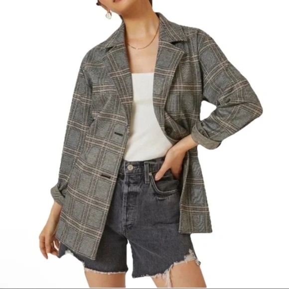 Avec Les Filles Plaid Relaxed Fit Longline Blazer Jacket Gray Tan Size Medium - Picture 11 of 11